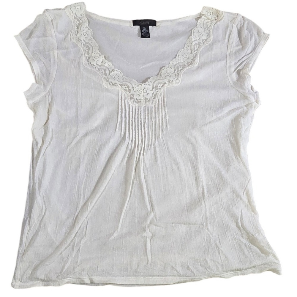 $49 ALFANI SILK cap sleeve blouse‎ top XL cream pleating sheer delicate layering